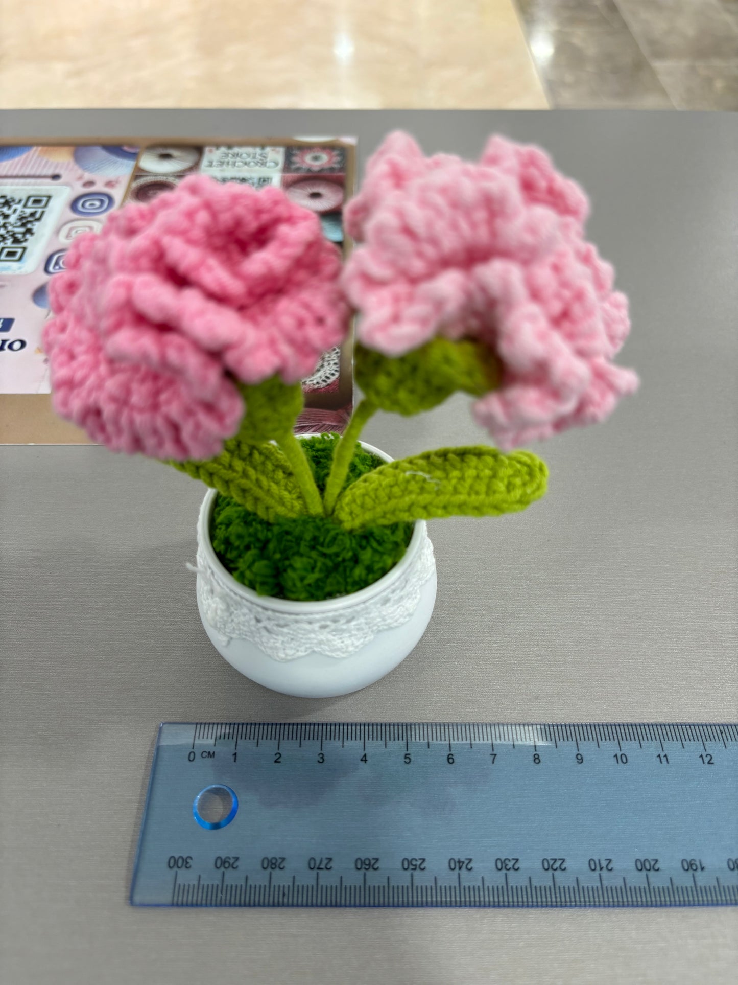 Hand-Crocheted Pink Carnation Arrangement in Lace-Trimmed Pot