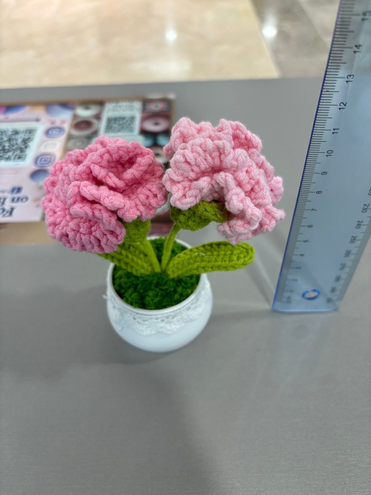 Hand-Crocheted Pink Carnation Arrangement in Lace-Trimmed Pot