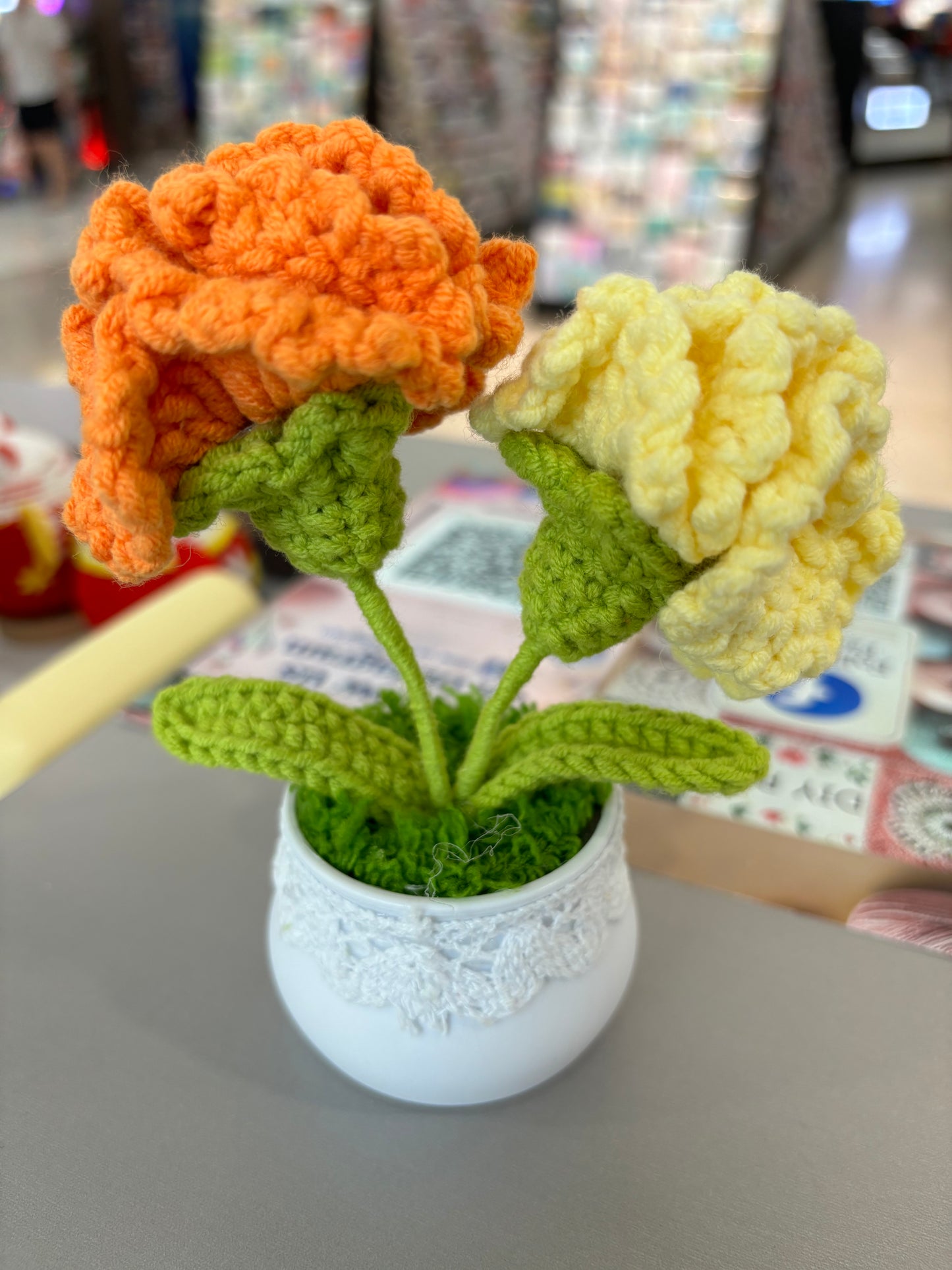 Hand-Crocheted Pink Carnation Arrangement in Lace-Trimmed Pot
