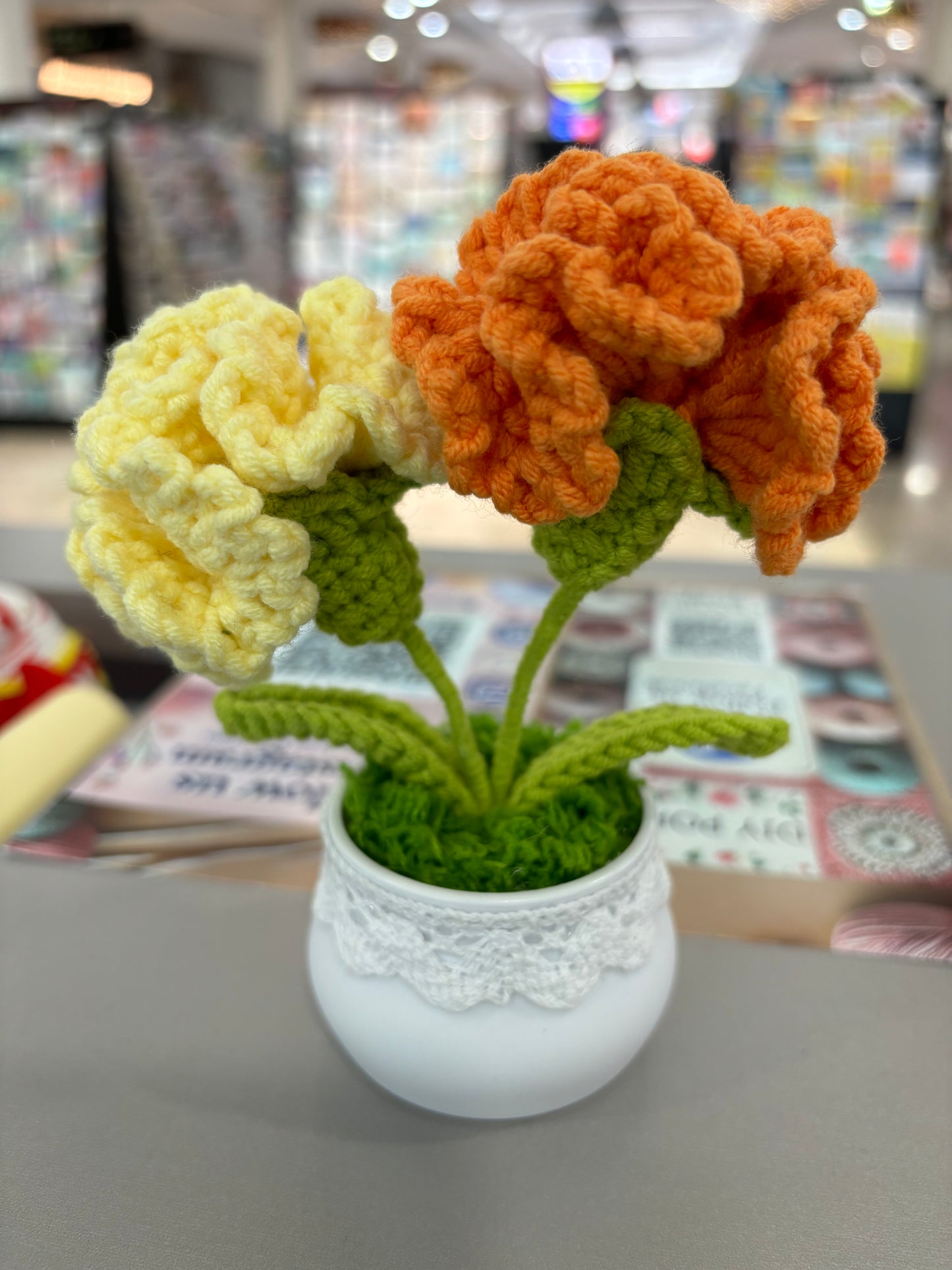 Hand-Crocheted Pink Carnation Arrangement in Lace-Trimmed Pot