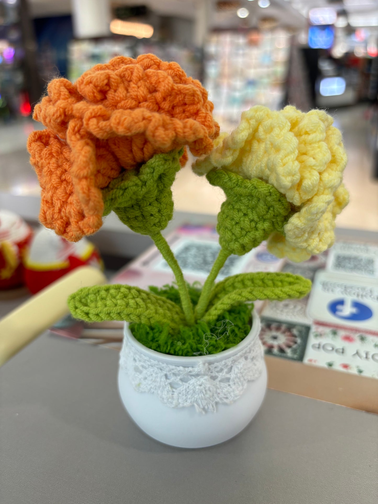 Hand-Crocheted Pink Carnation Arrangement in Lace-Trimmed Pot