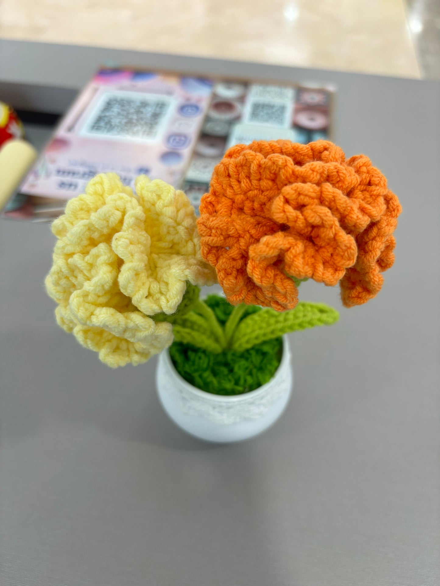 Hand-Crocheted Pink Carnation Arrangement in Lace-Trimmed Pot