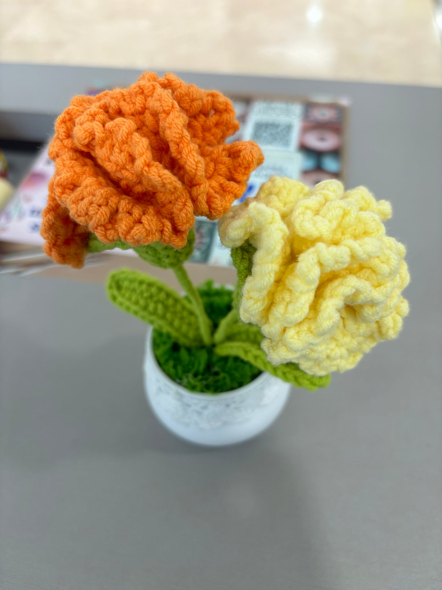 Hand-Crocheted Pink Carnation Arrangement in Lace-Trimmed Pot