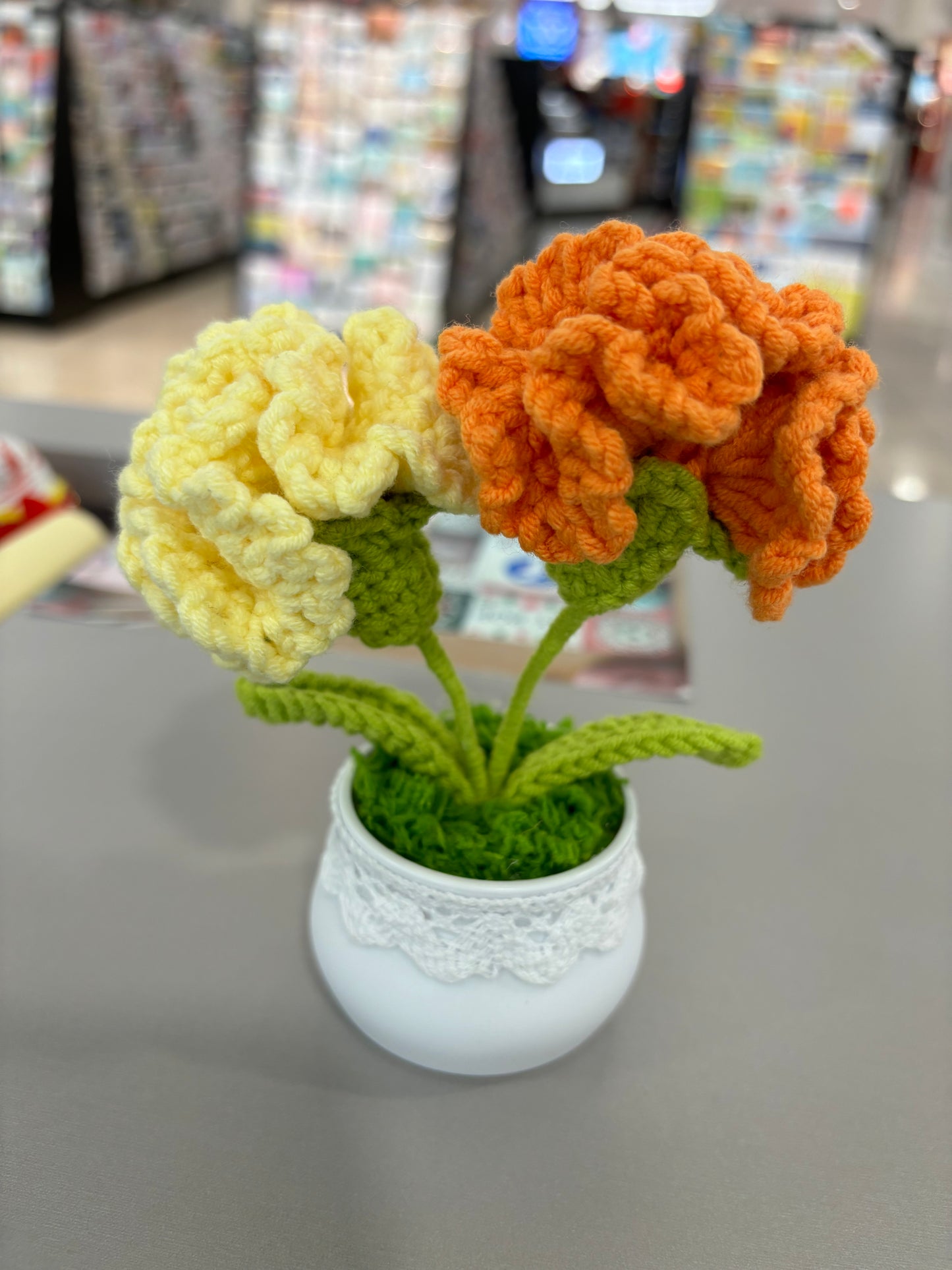 Hand-Crocheted Pink Carnation Arrangement in Lace-Trimmed Pot