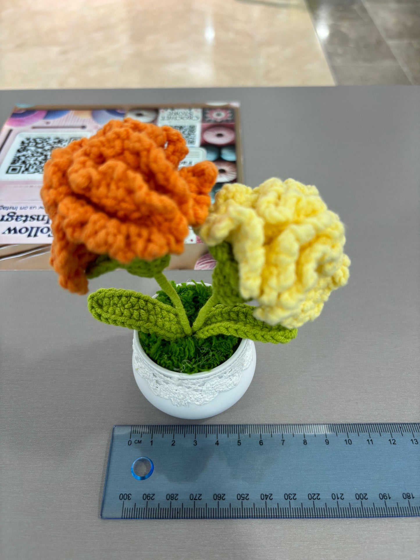 Hand-Crocheted Pink Carnation Arrangement in Lace-Trimmed Pot