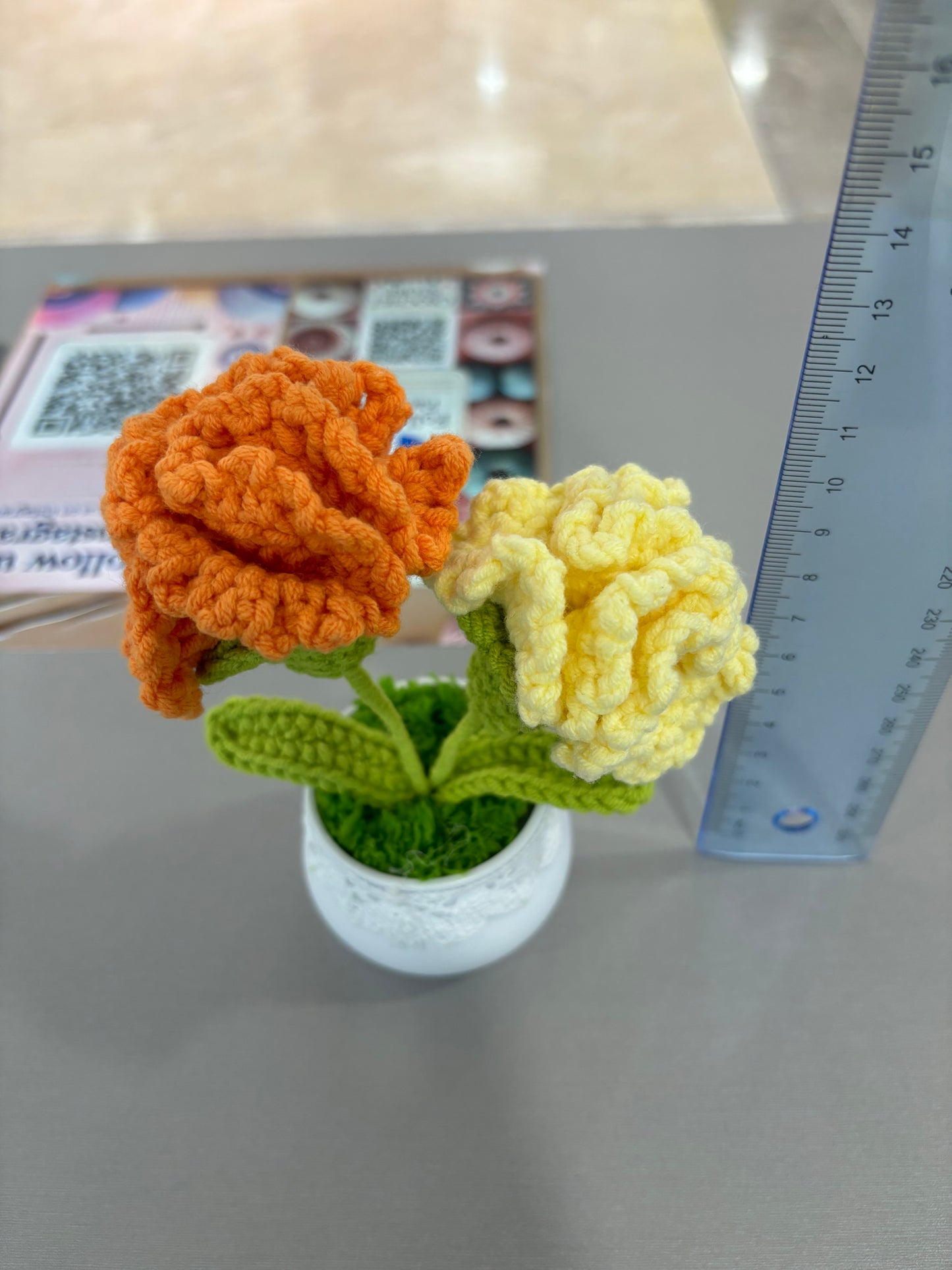 Hand-Crocheted Pink Carnation Arrangement in Lace-Trimmed Pot