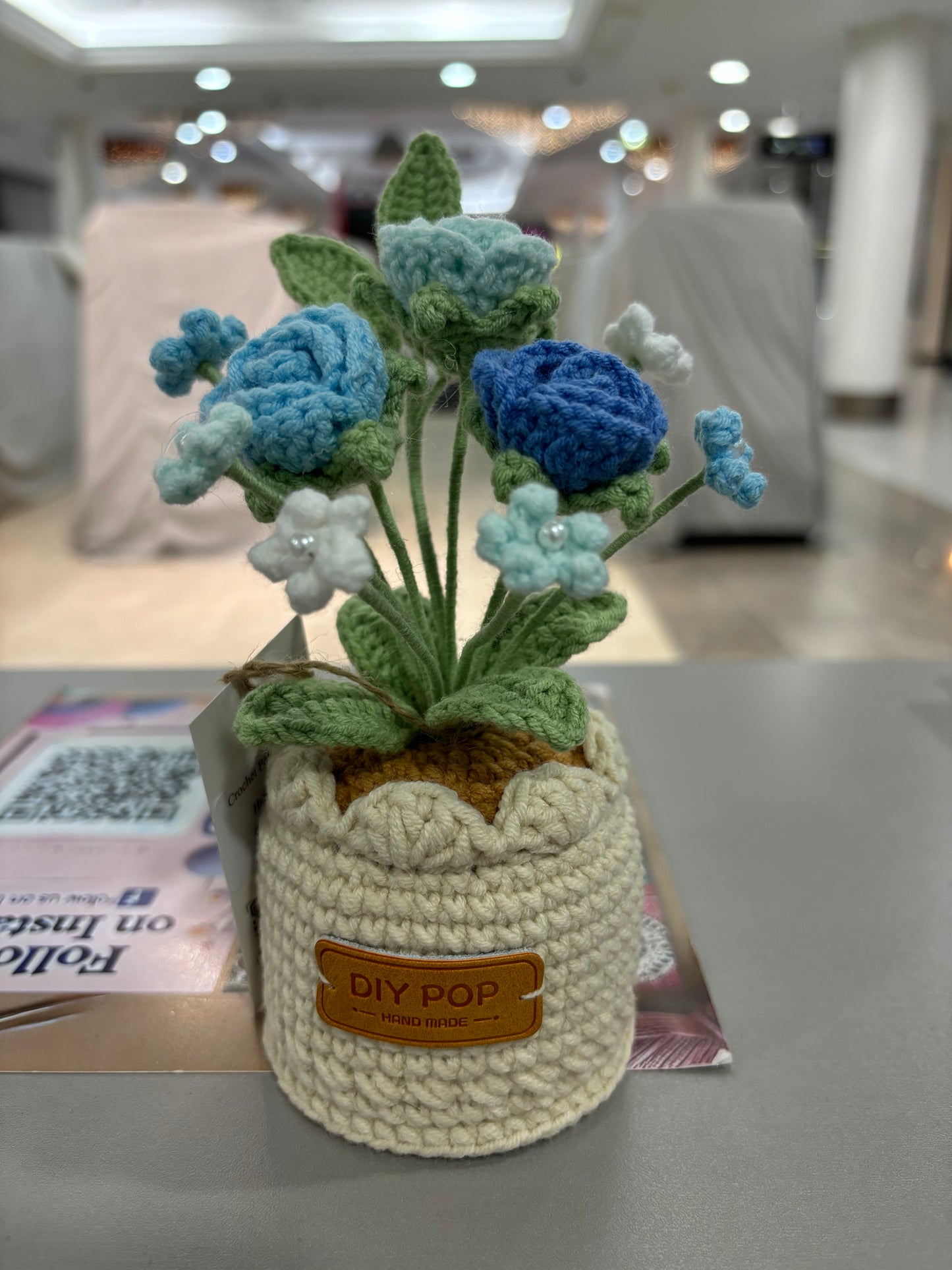Handmade Crochet Blue Rose Bouquet in Decorative Pot