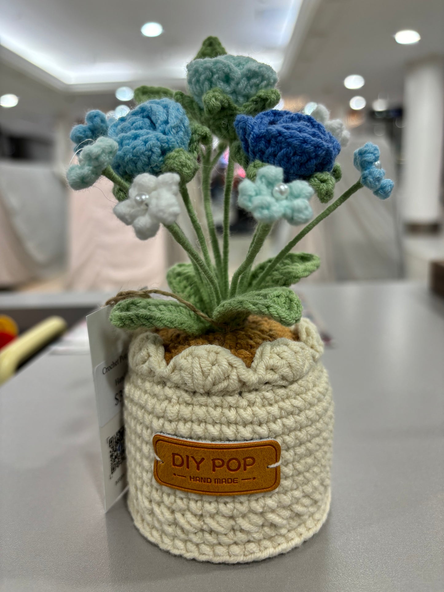 Handmade Crochet Blue Rose Bouquet in Decorative Pot