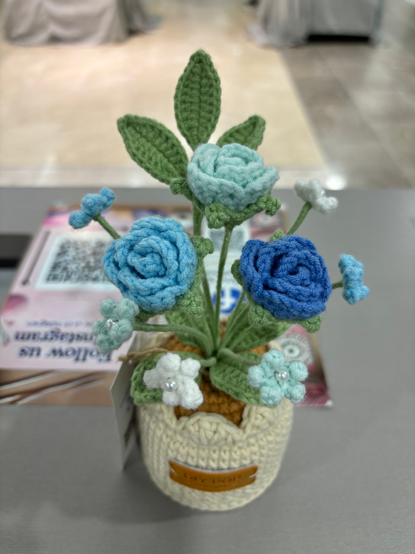 Handmade Crochet Blue Rose Bouquet in Decorative Pot