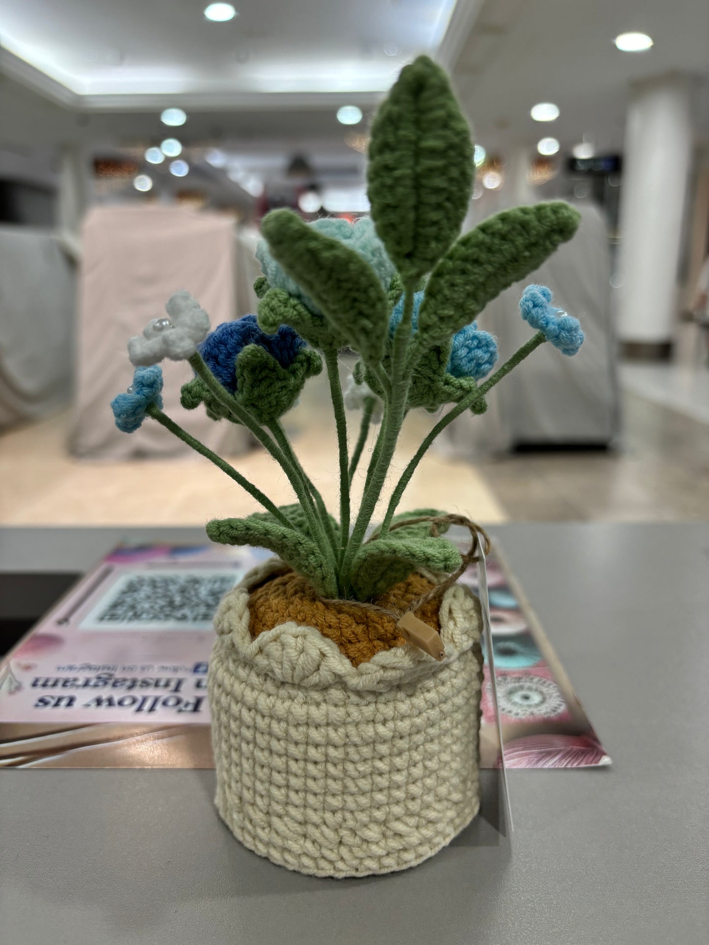 Handmade Crochet Blue Rose Bouquet in Decorative Pot