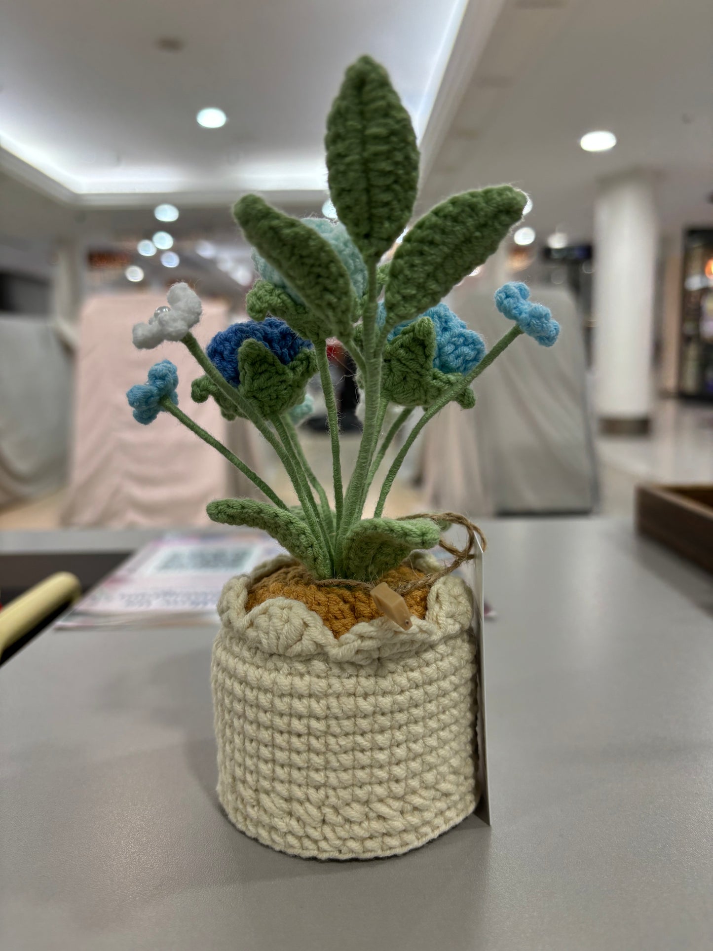 Handmade Crochet Blue Rose Bouquet in Decorative Pot