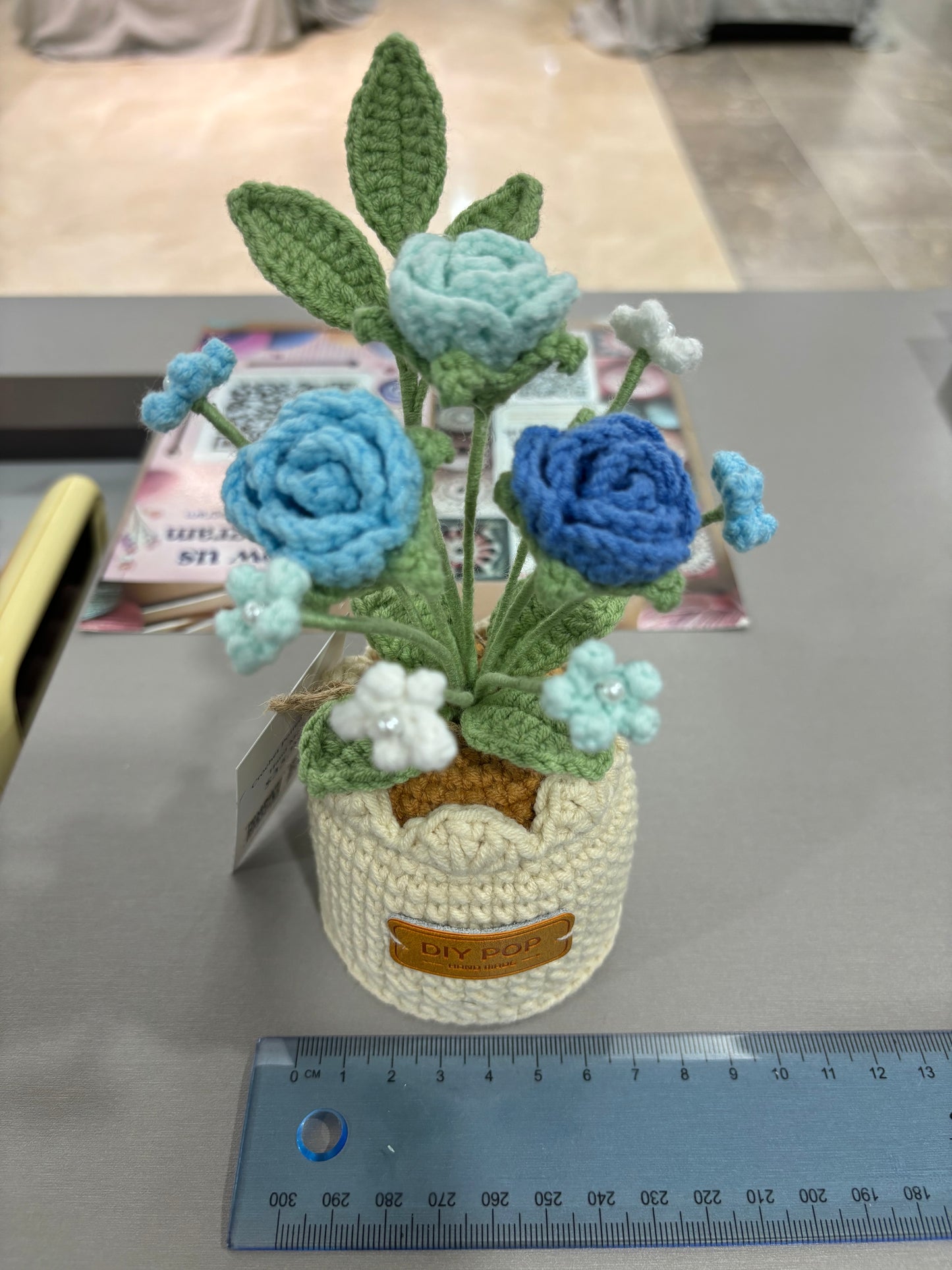 Handmade Crochet Blue Rose Bouquet in Decorative Pot