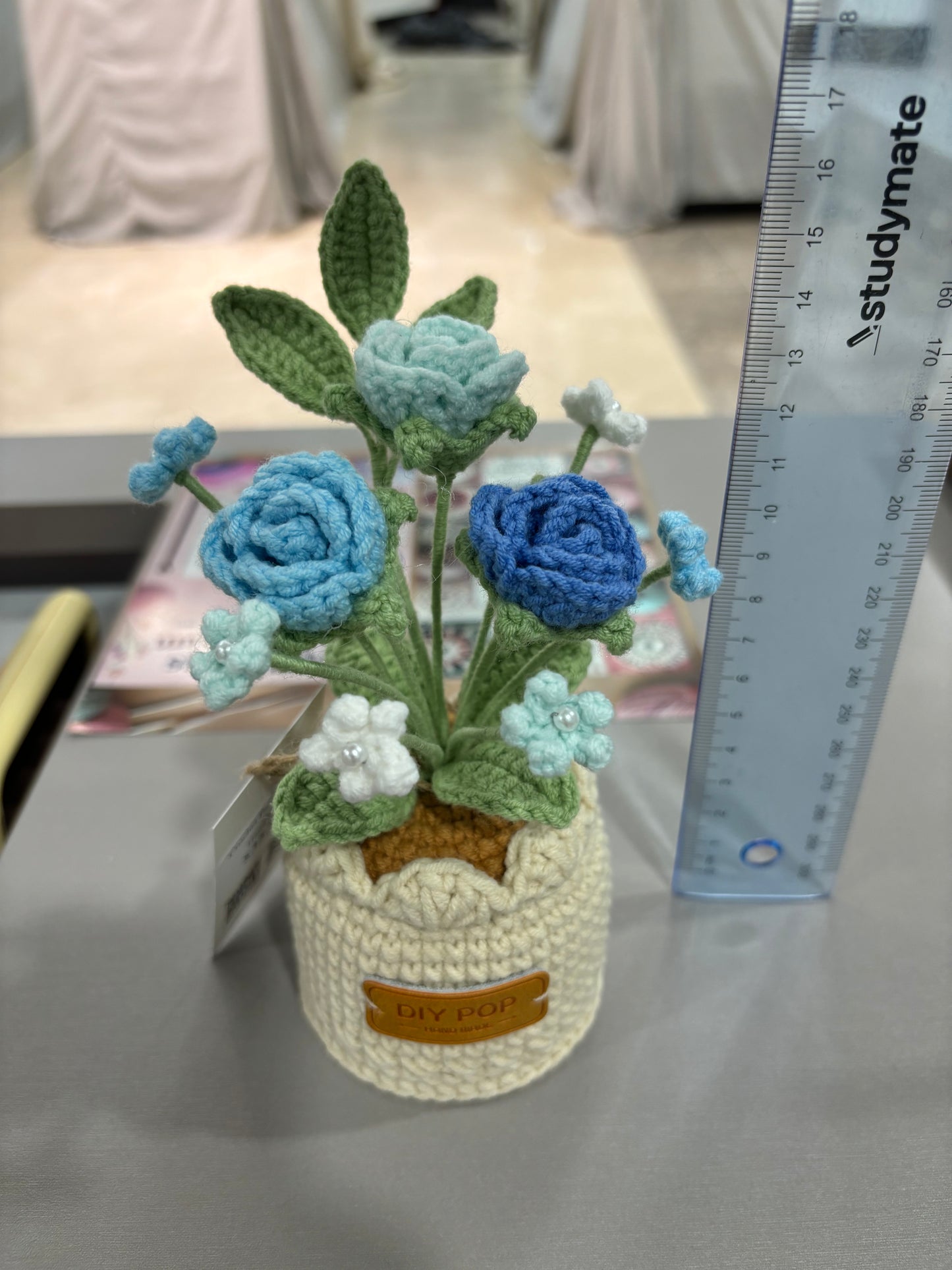 Handmade Crochet Blue Rose Bouquet in Decorative Pot