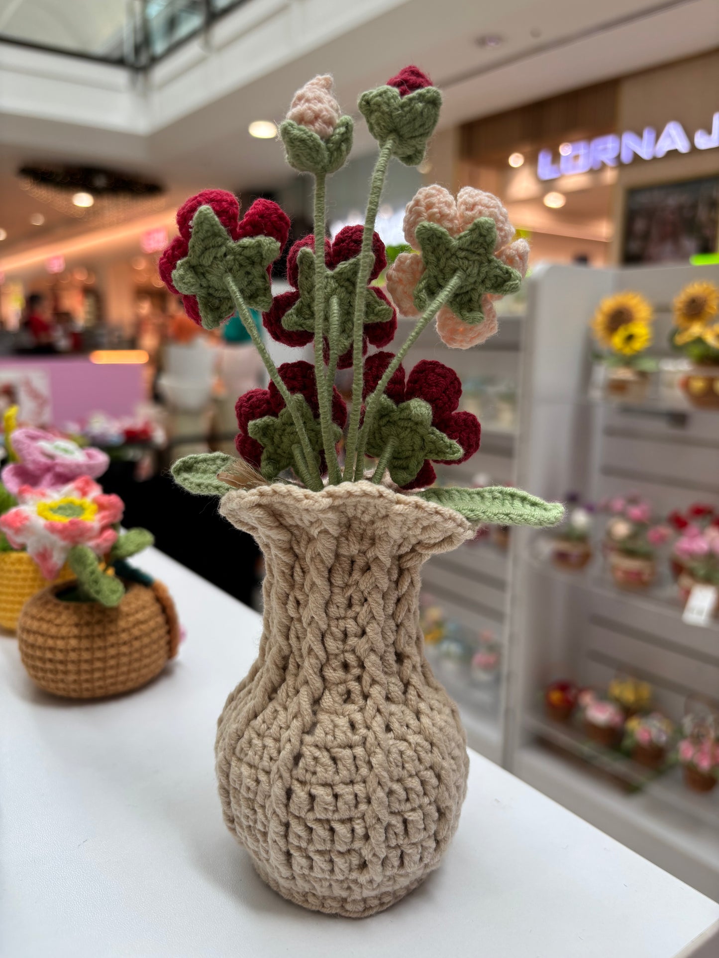 Handmade Crochet Floral Arrangement in Knitted Vase