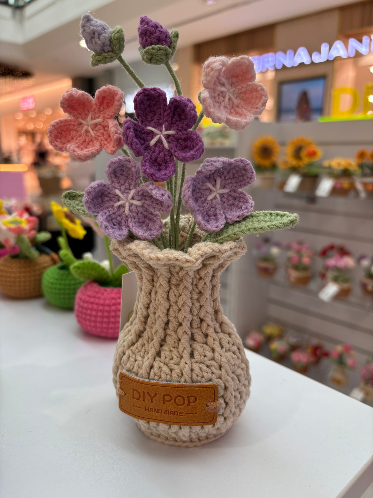 Handmade Crochet Floral Arrangement in Knitted Vase