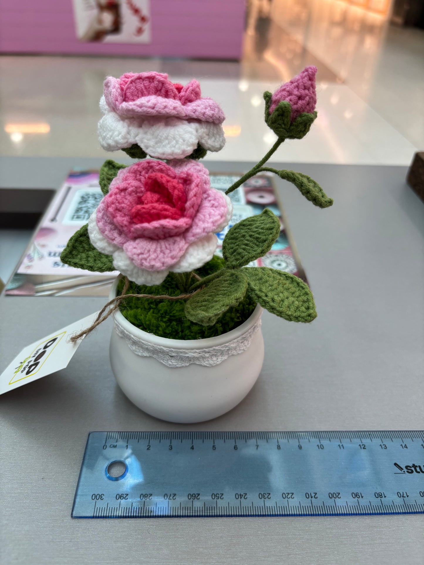 Handmade Crochet Rose in Decorative Pot – Elegant Floral Decor