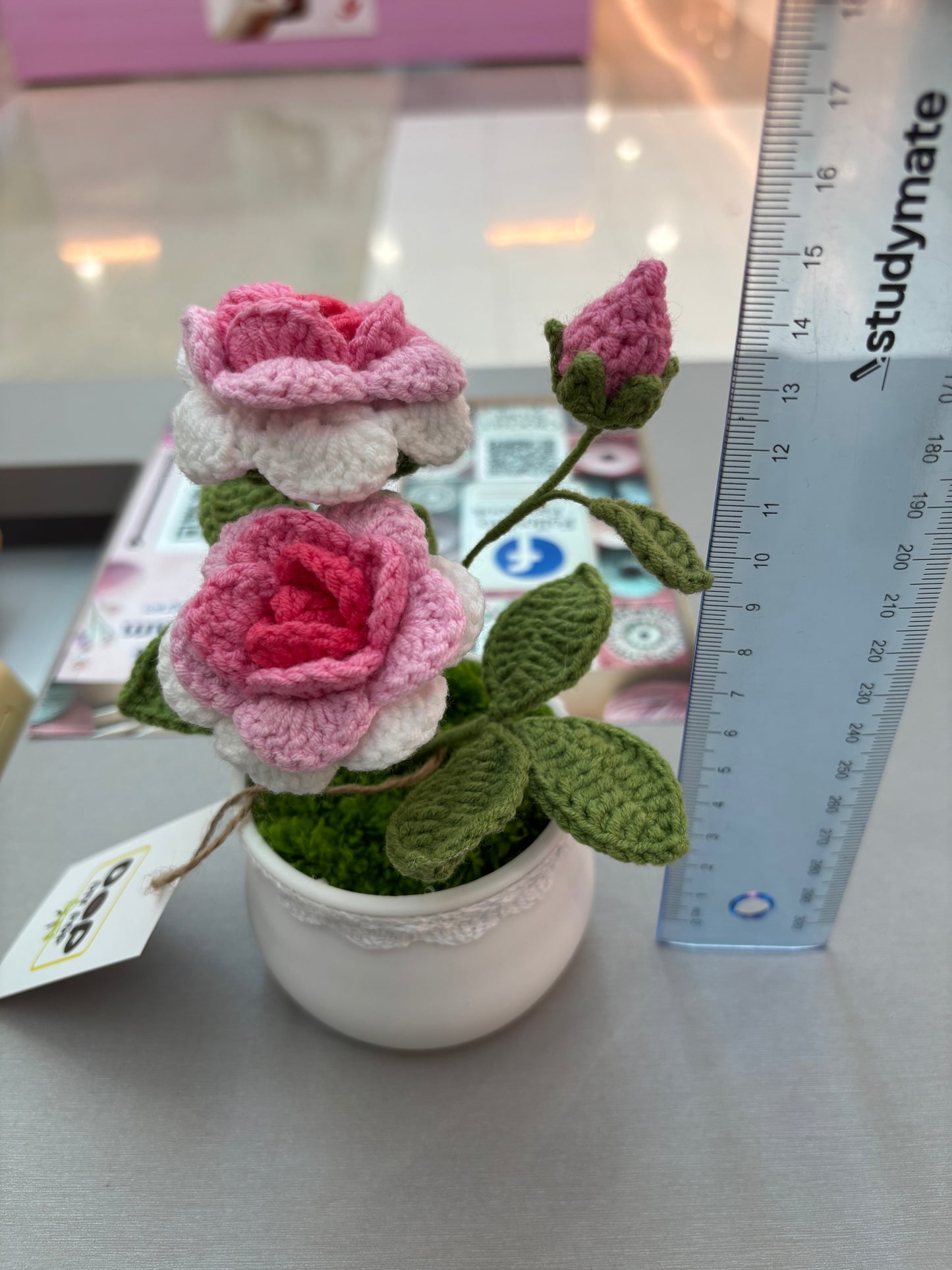 Handmade Crochet Rose in Decorative Pot – Elegant Floral Decor