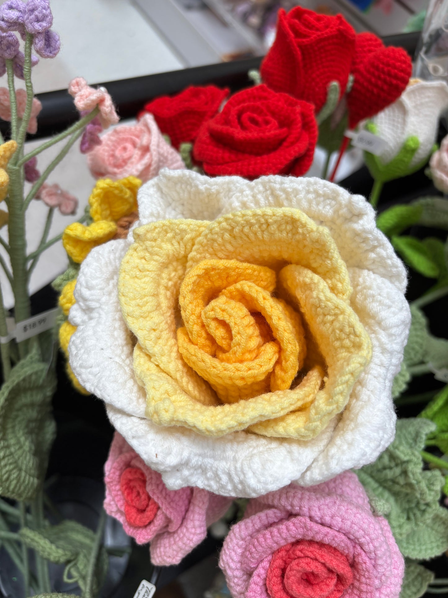 Handmade Crochet Rose - Yellow & White Bloom