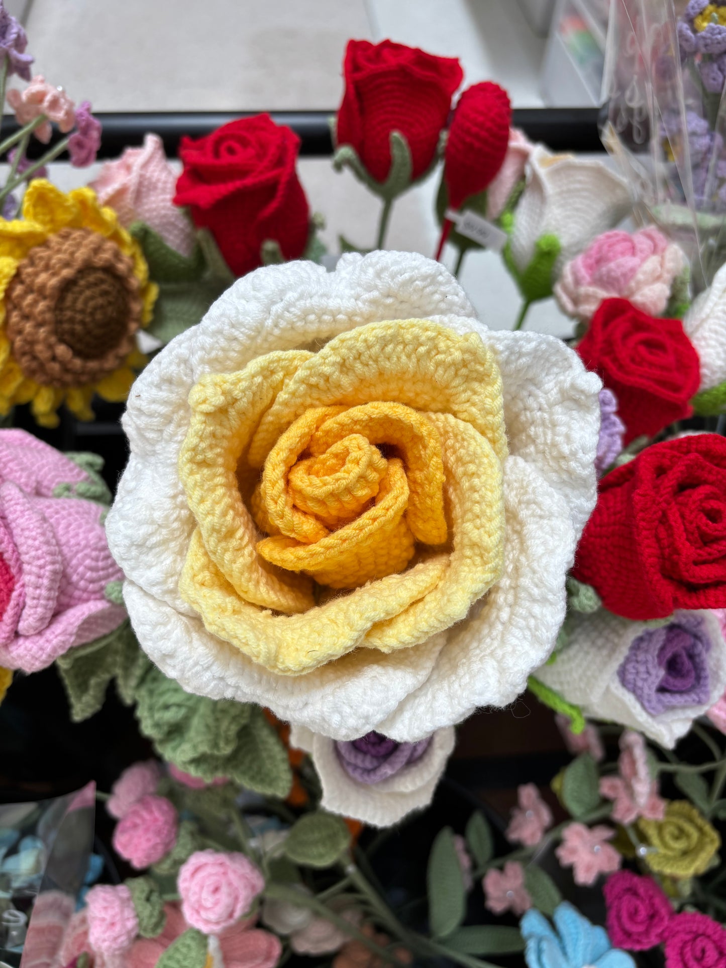 Handmade Crochet Rose - Yellow & White Bloom