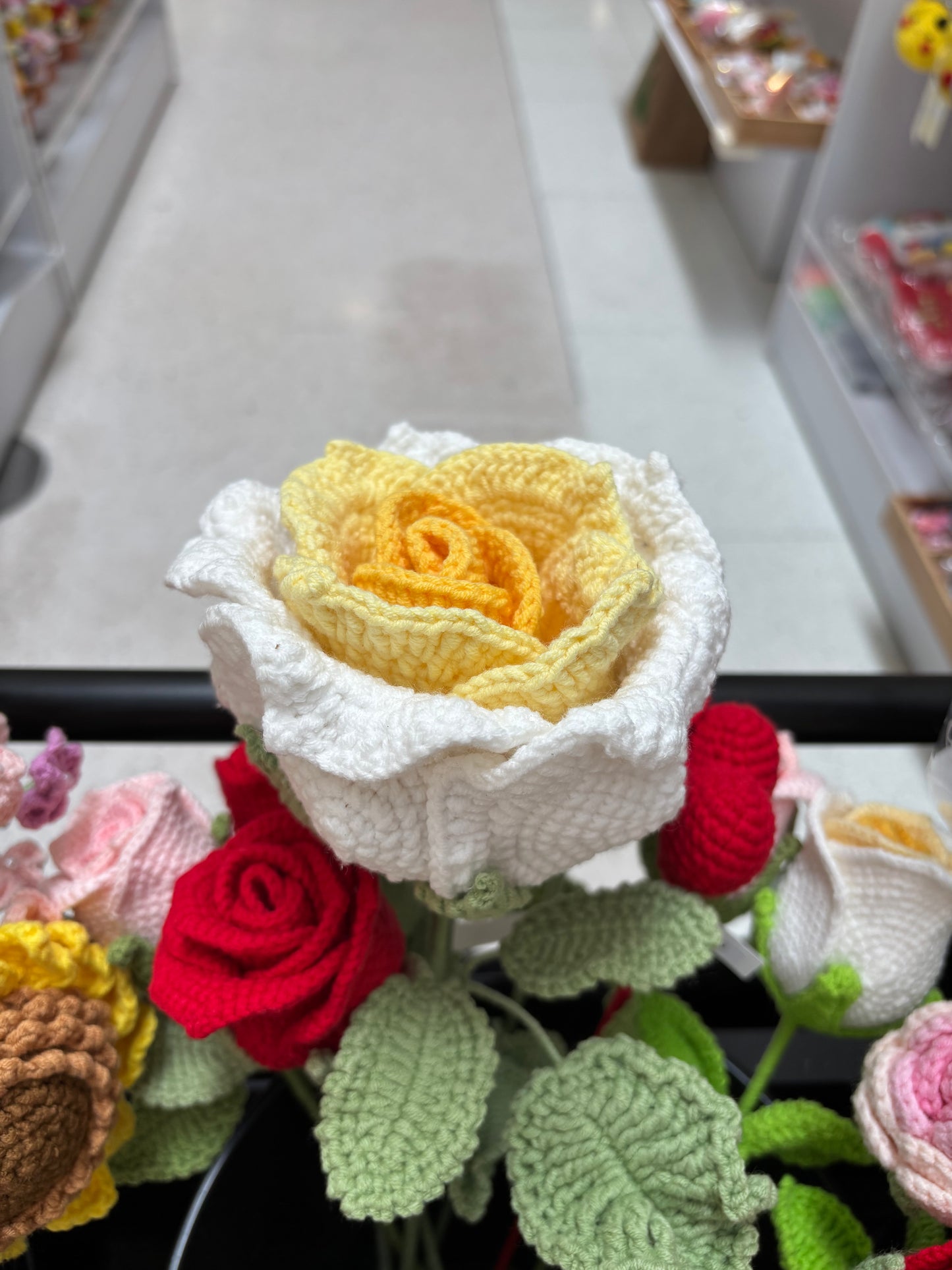 Handmade Crochet Rose - Yellow & White Bloom