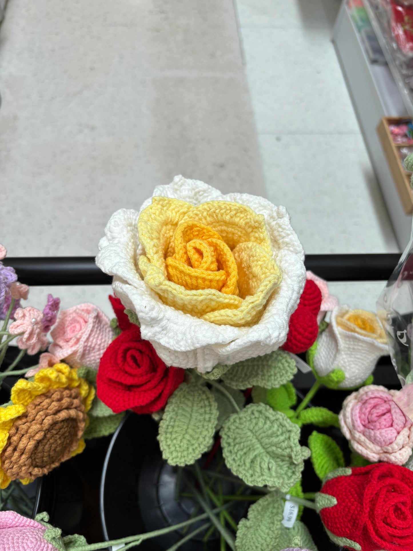Handmade Crochet Rose - Yellow & White Bloom