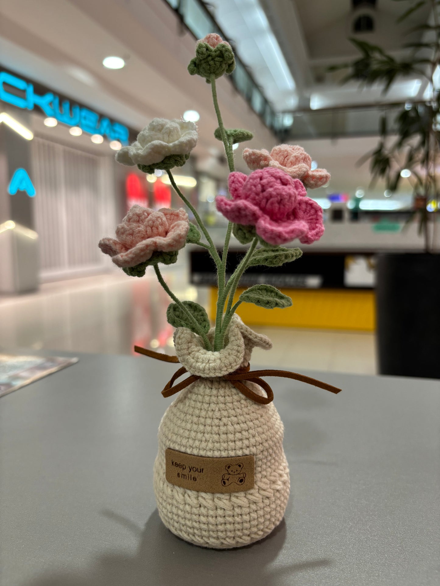 Handmade Crochet Multi-Colored Flower Bouquet in Vase – “Keep Your Smile” (22cm)