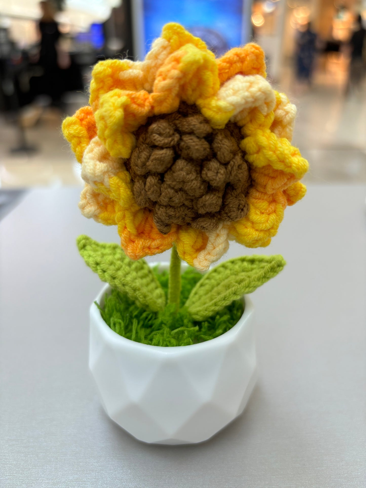 Hand-Crocheted Sunflower in Geometric White Pot - Amigurumi Home Décor