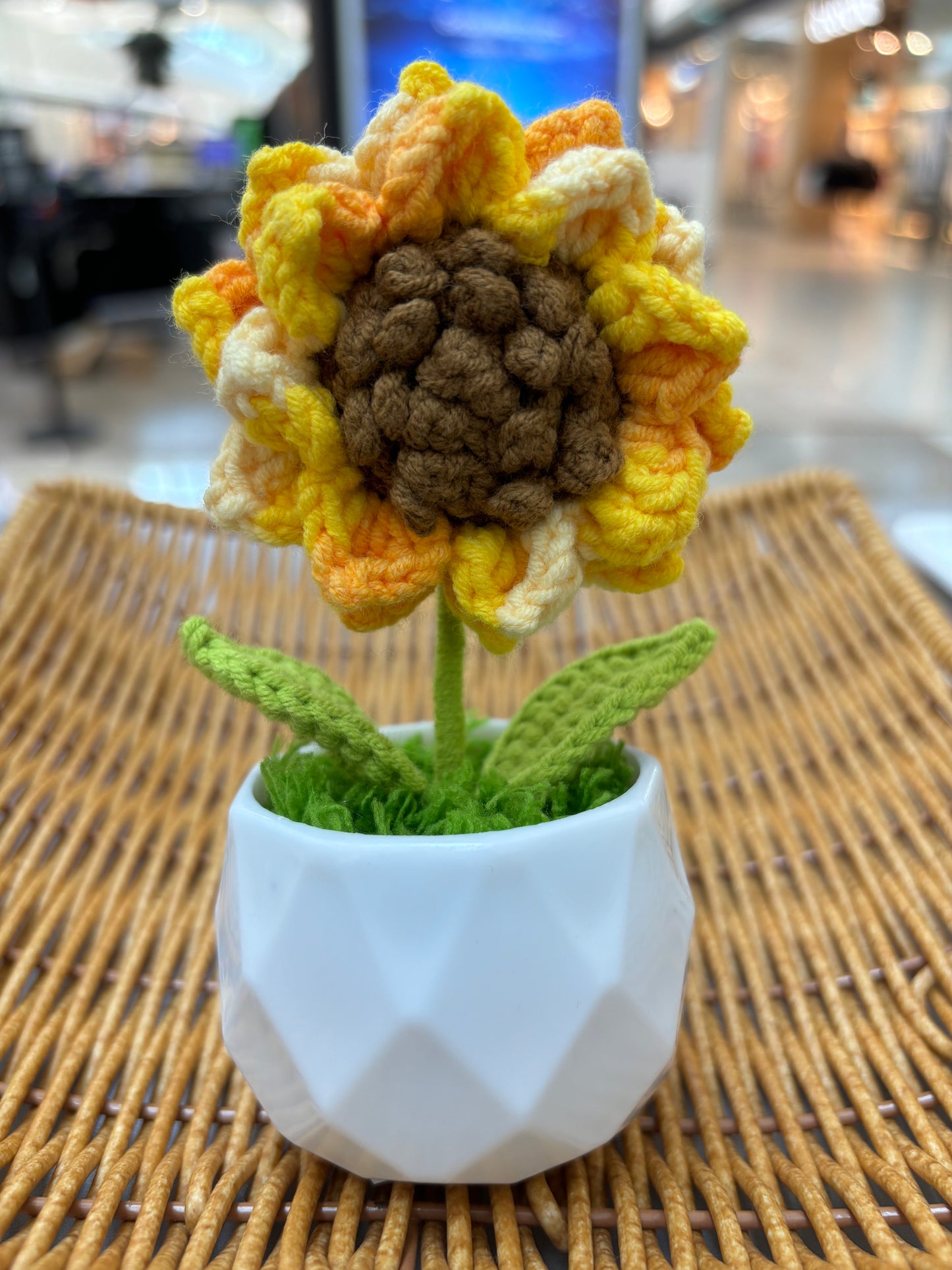 Hand-Crocheted Sunflower in Geometric White Pot - Amigurumi Home Décor