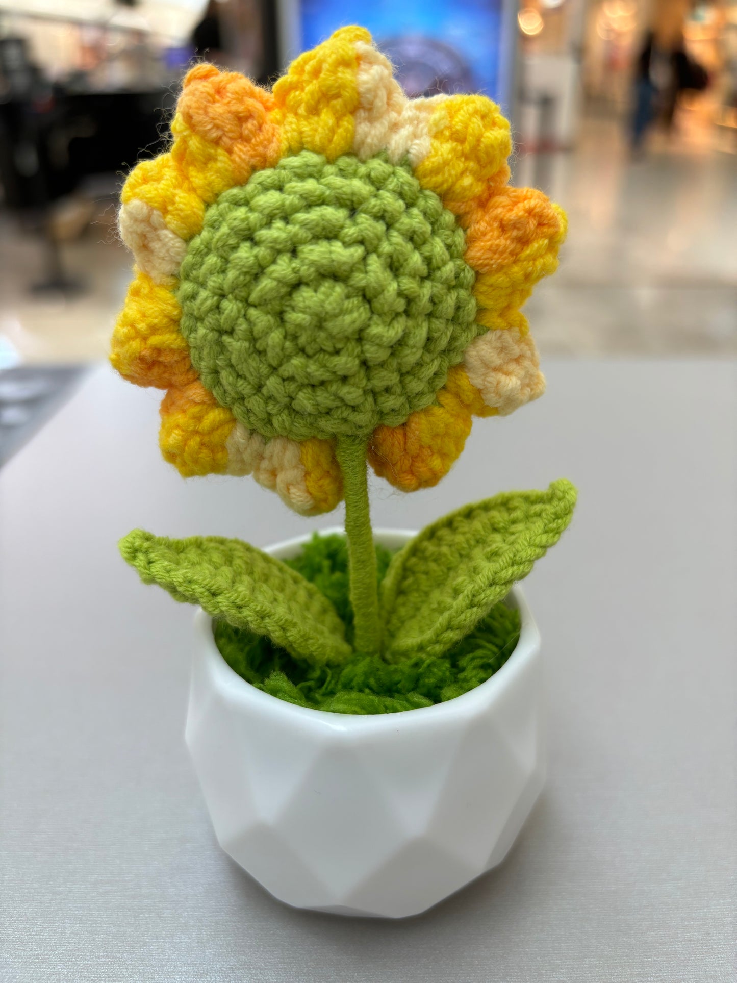 Hand-Crocheted Sunflower in Geometric White Pot - Amigurumi Home Décor