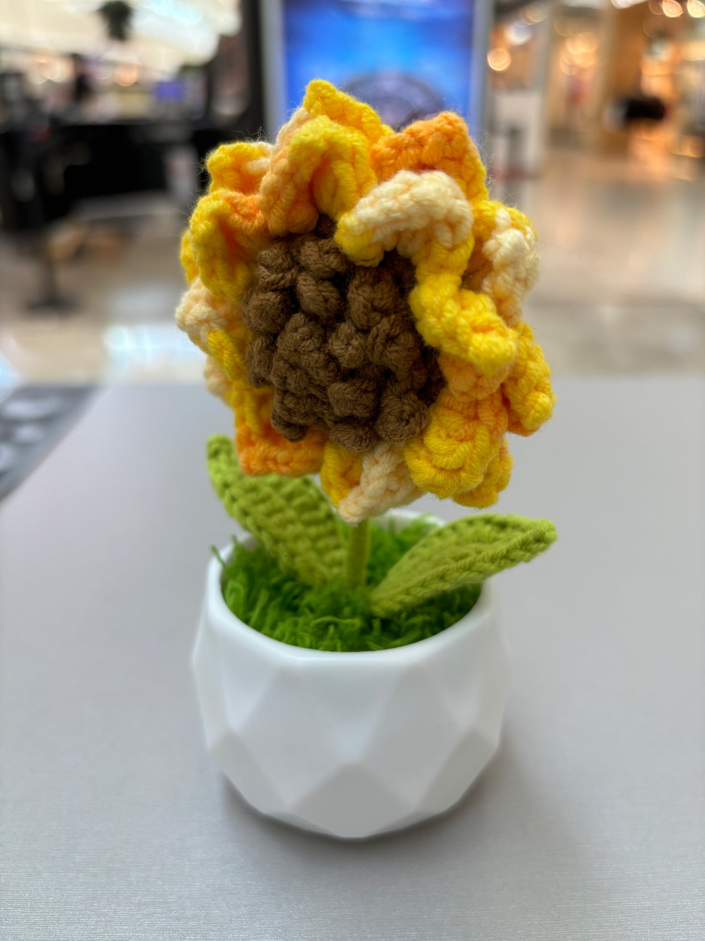 Hand-Crocheted Sunflower in Geometric White Pot - Amigurumi Home Décor