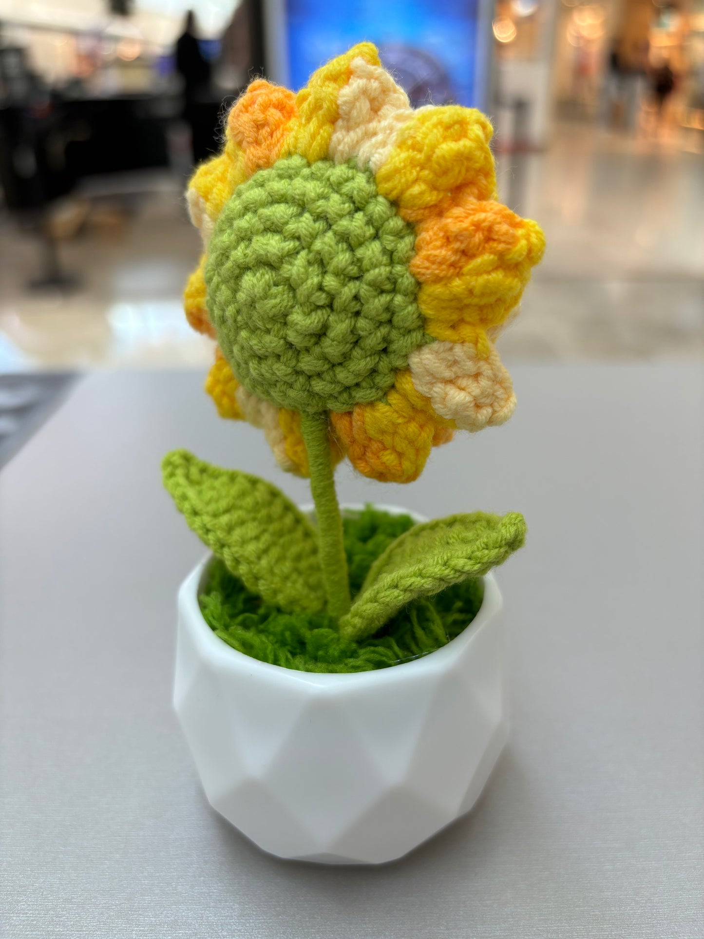 Hand-Crocheted Sunflower in Geometric White Pot - Amigurumi Home Décor