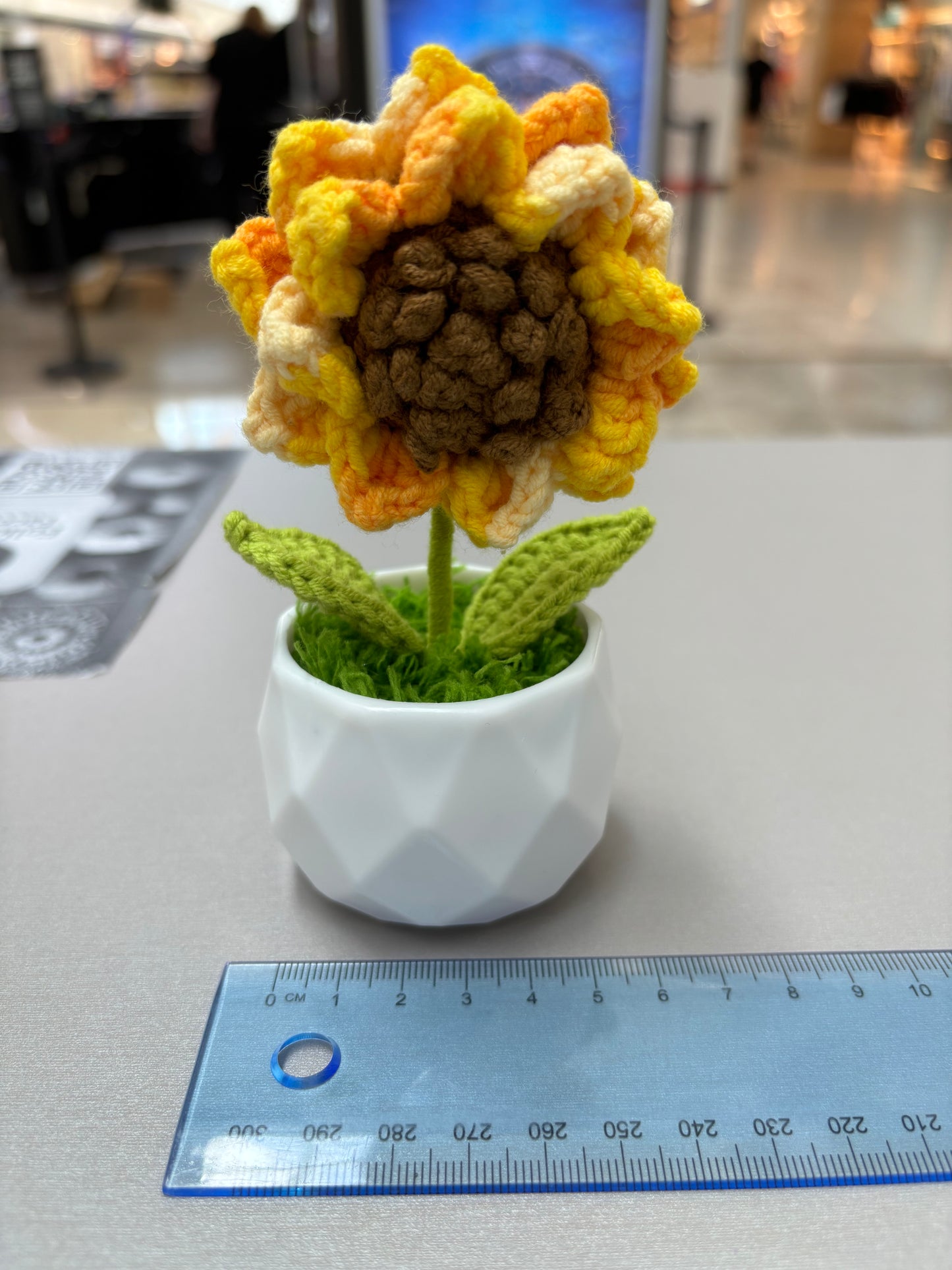 Hand-Crocheted Sunflower in Geometric White Pot - Amigurumi Home Décor