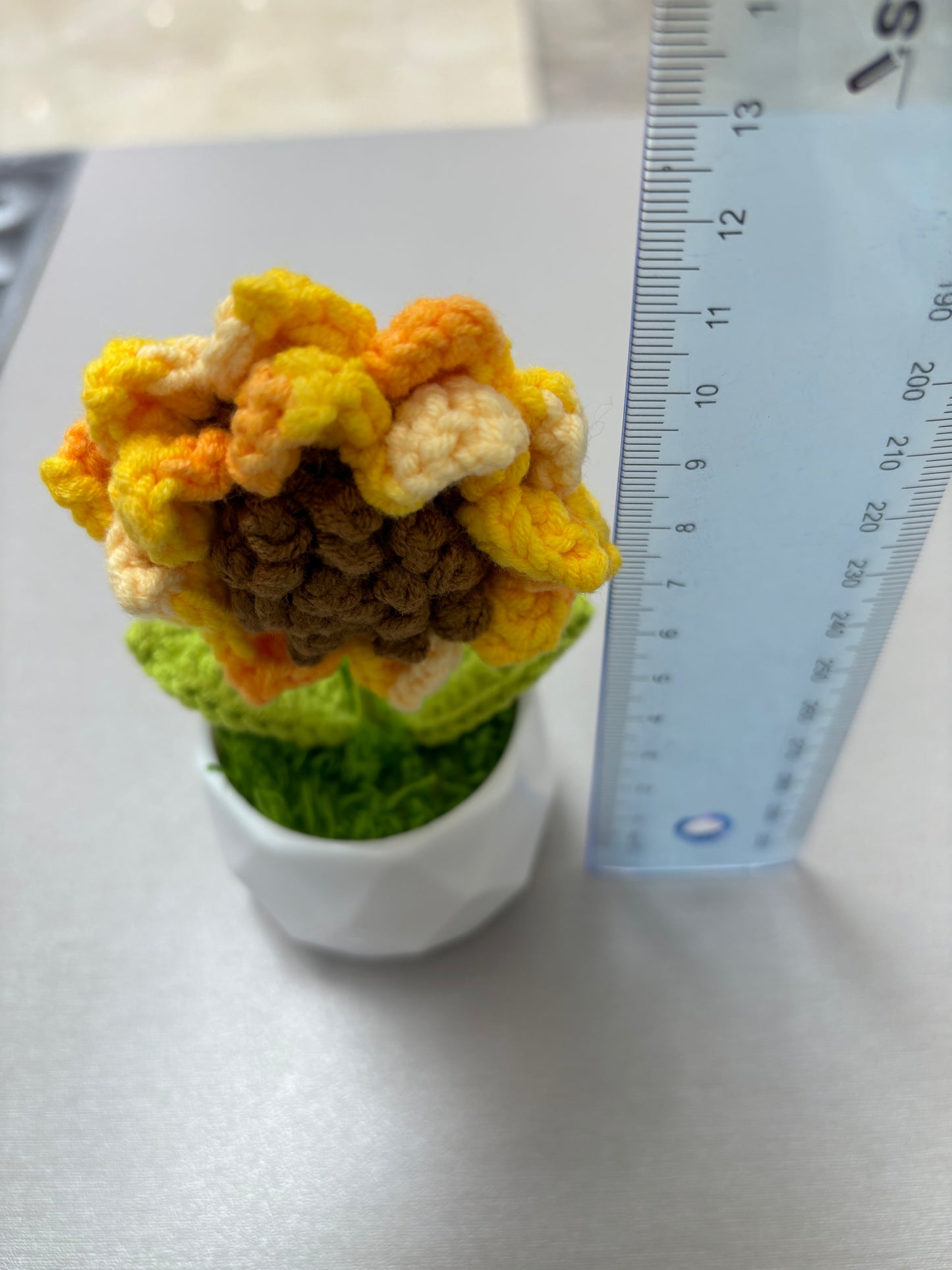 Hand-Crocheted Sunflower in Geometric White Pot - Amigurumi Home Décor