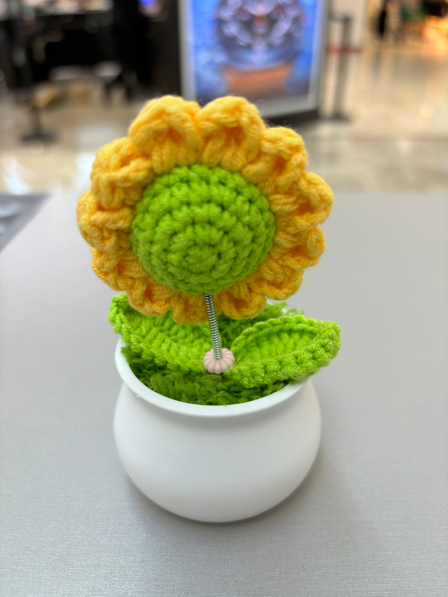 Hand-Crocheted Smiling Sunflower with Spring Stem in White Pot - Wobbling Flower Amigurumi Décor