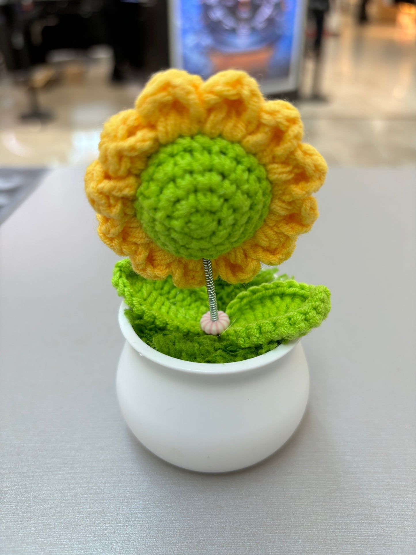 Hand-Crocheted Smiling Sunflower with Spring Stem in White Pot - Wobbling Flower Amigurumi Décor
