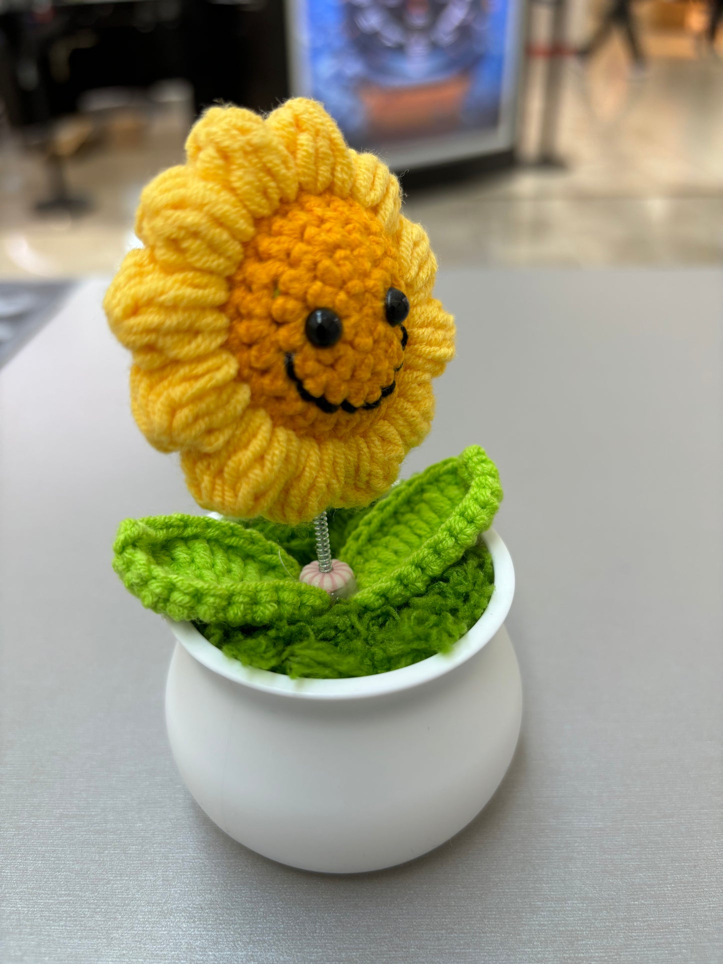 Hand-Crocheted Smiling Sunflower with Spring Stem in White Pot - Wobbling Flower Amigurumi Décor