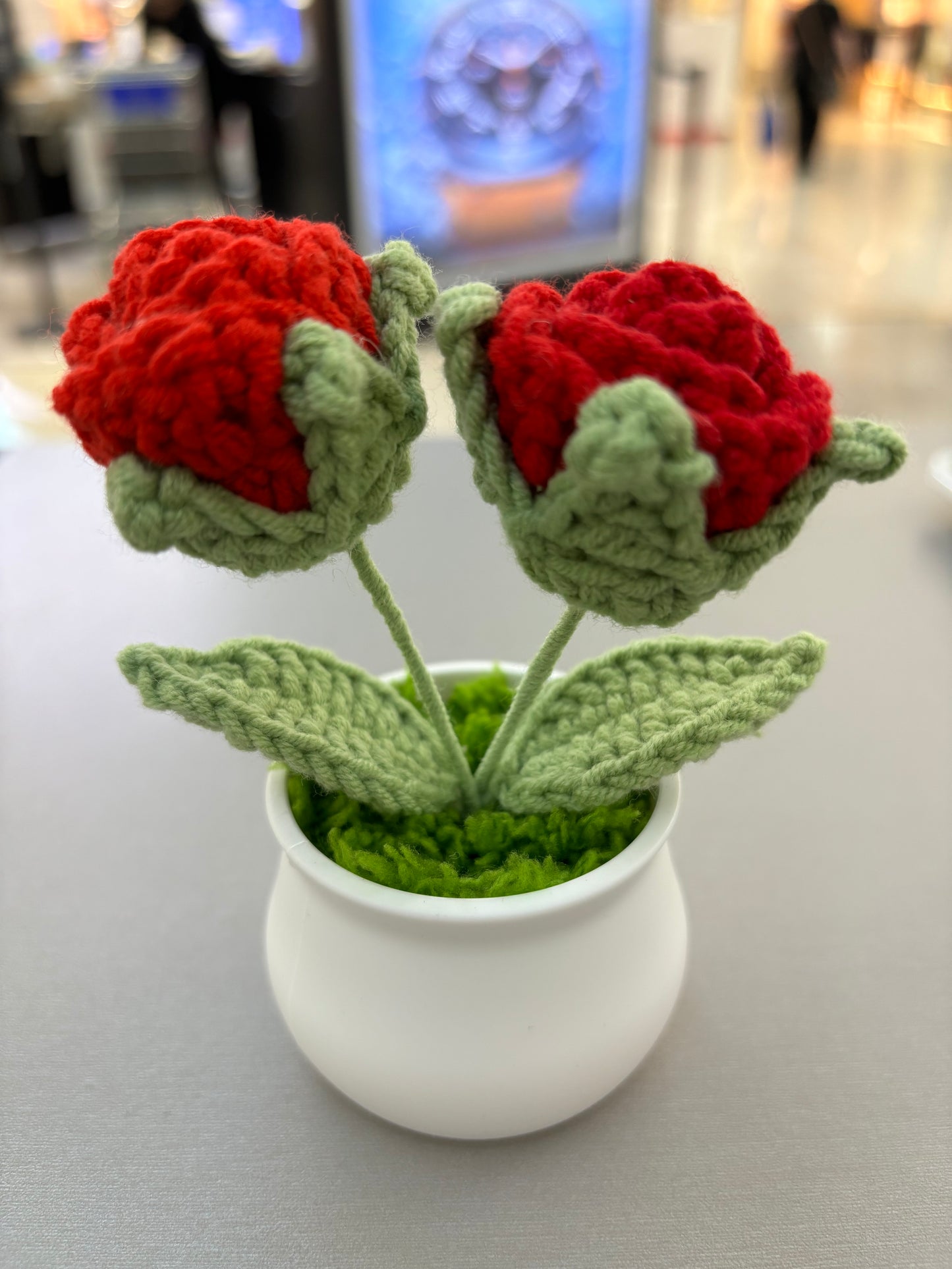 Hand-Crocheted Double Red Rose in White Pot