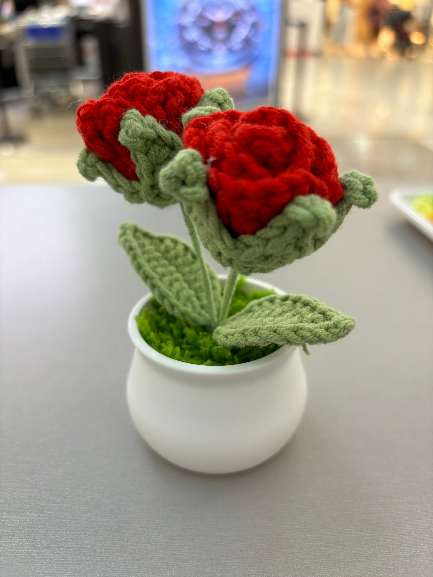 Hand-Crocheted Double Red Rose in White Pot