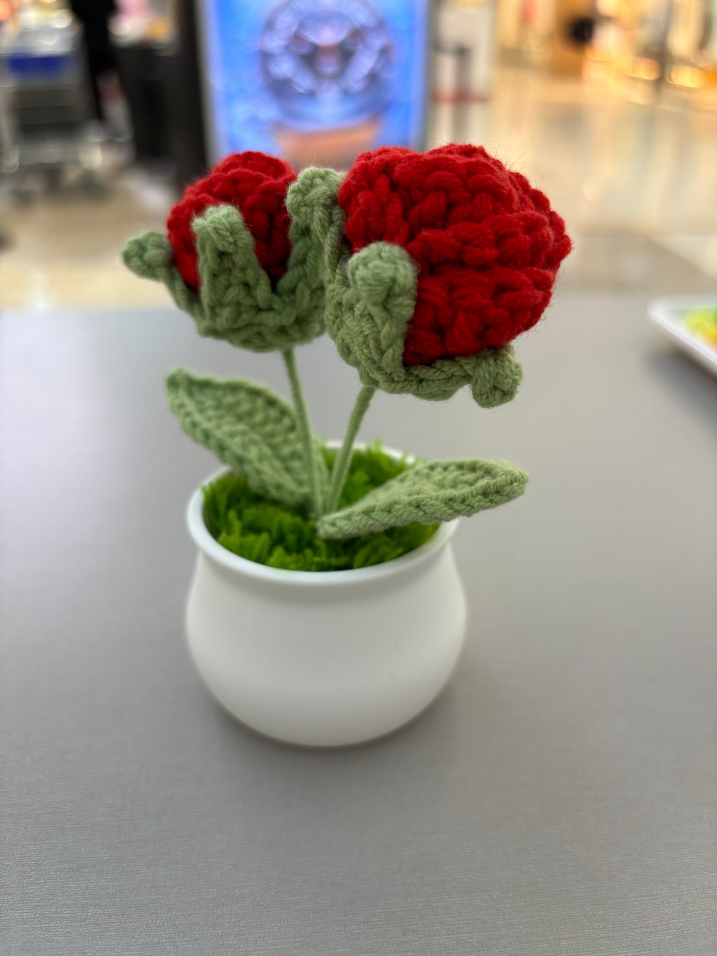 Hand-Crocheted Double Red Rose in White Pot