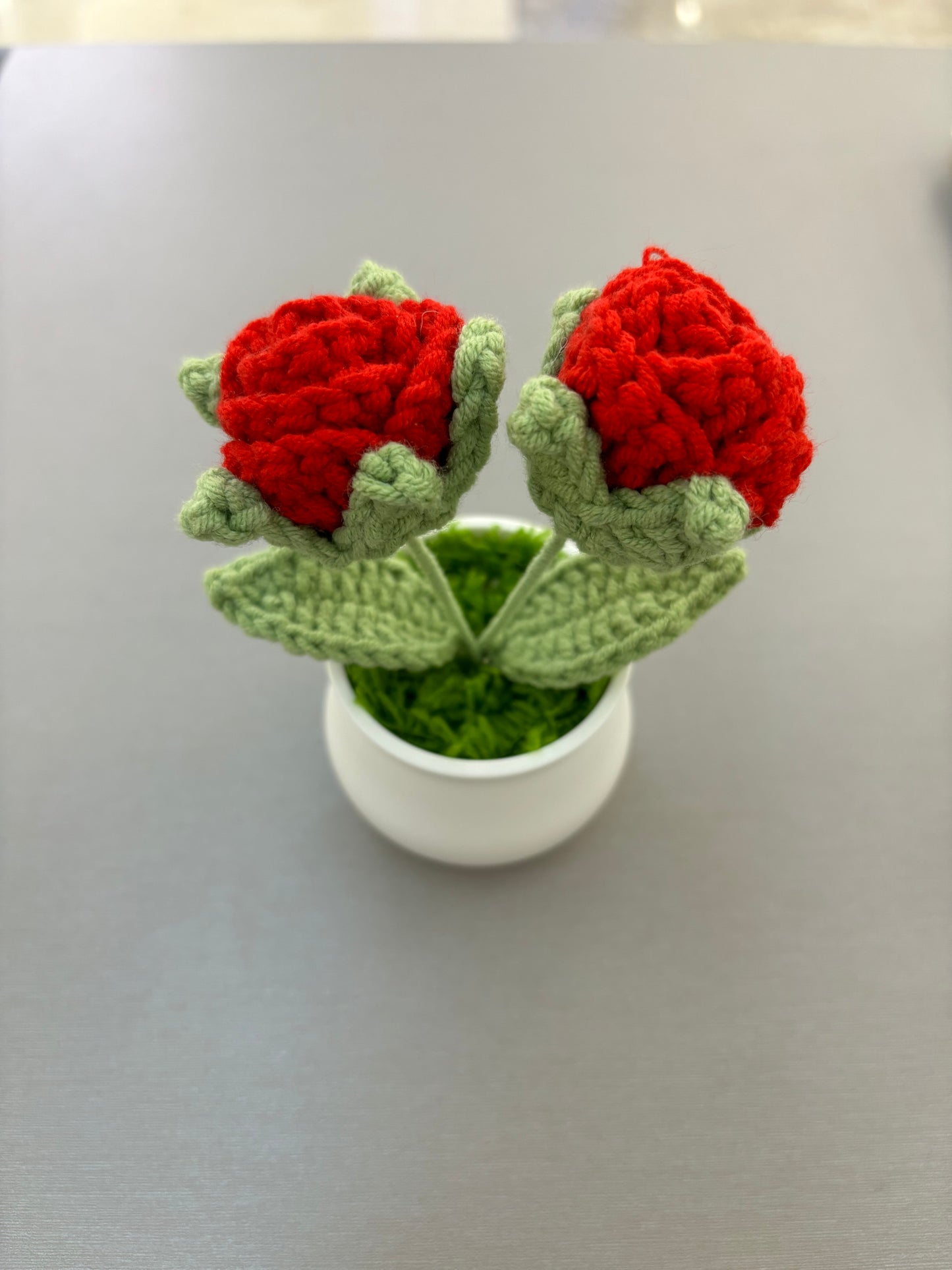 Hand-Crocheted Double Red Rose in White Pot