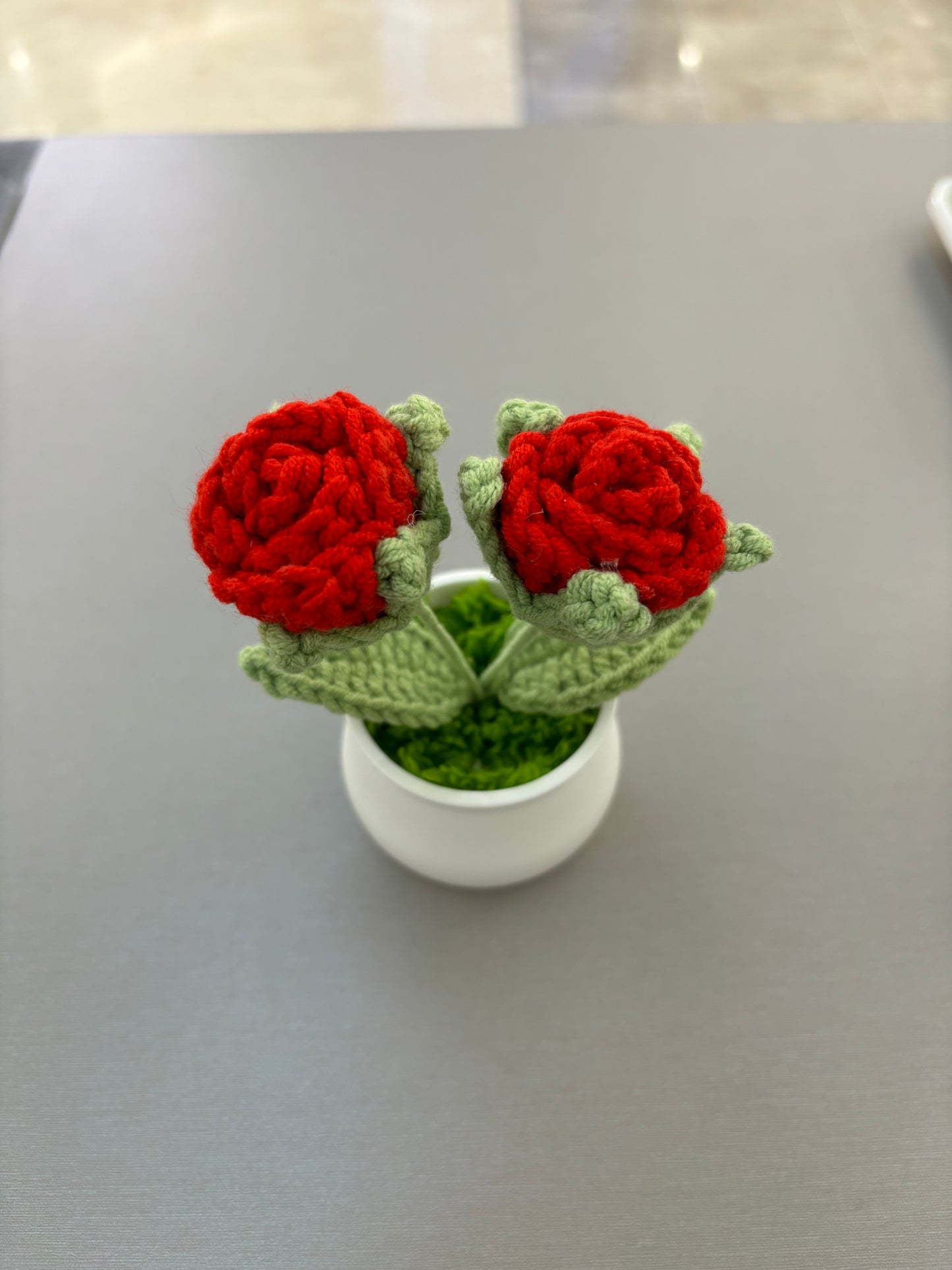 Hand-Crocheted Double Red Rose in White Pot