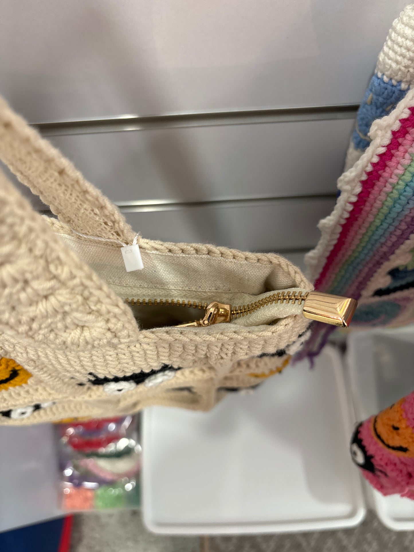 Handmade crochet bag with a charming smile pattern