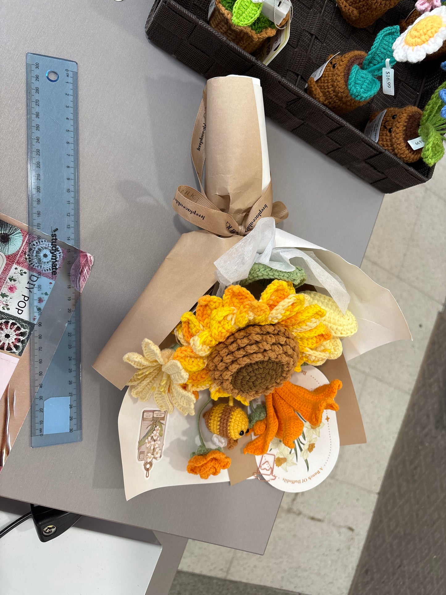 Handmade crochet sunflower bouquet with bee