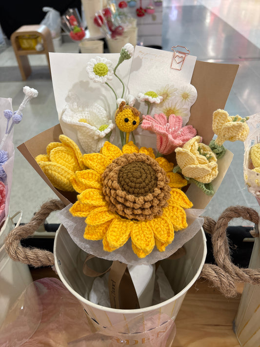 Handmade crochet sunflower bouquet with bee