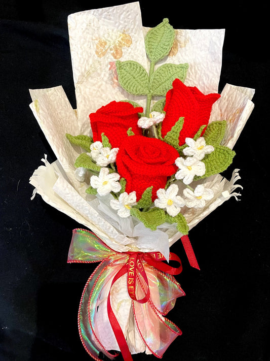 Handmade Crochet Flower Bouquet —— Three Red Rose Flowers (White Paper)