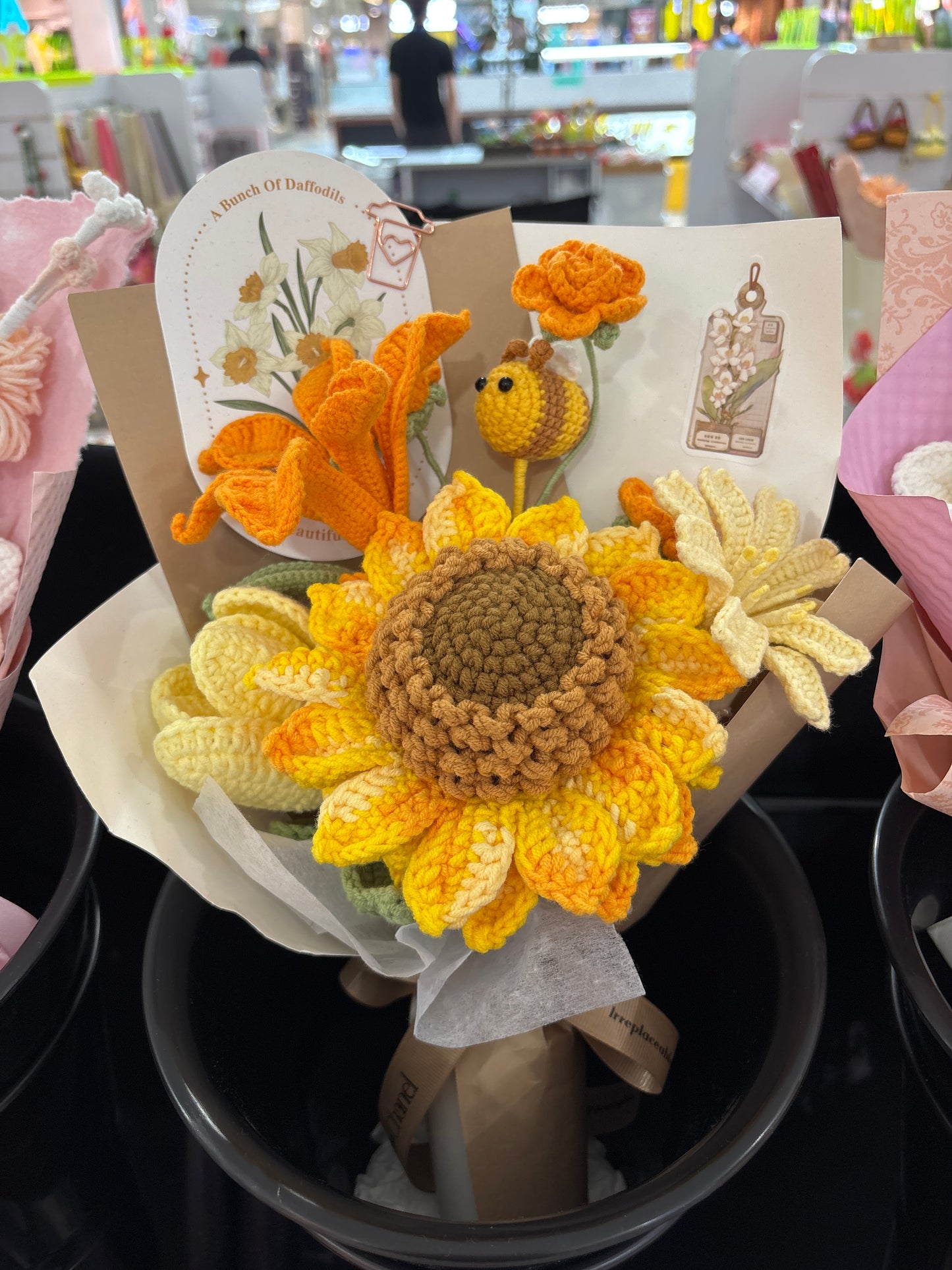 Handmade crochet sunflower bouquet with bee
