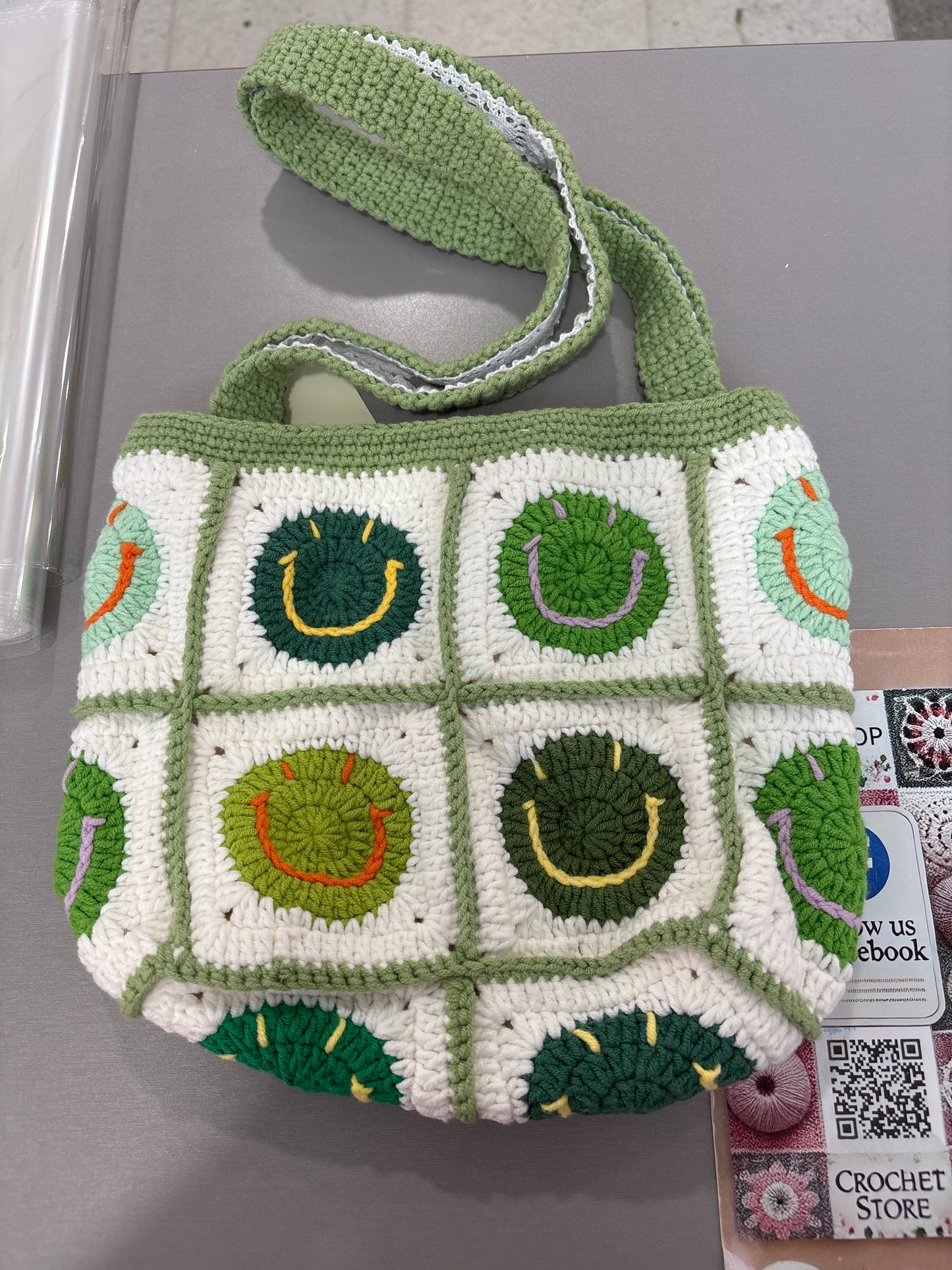 handmade crochet smile face bag