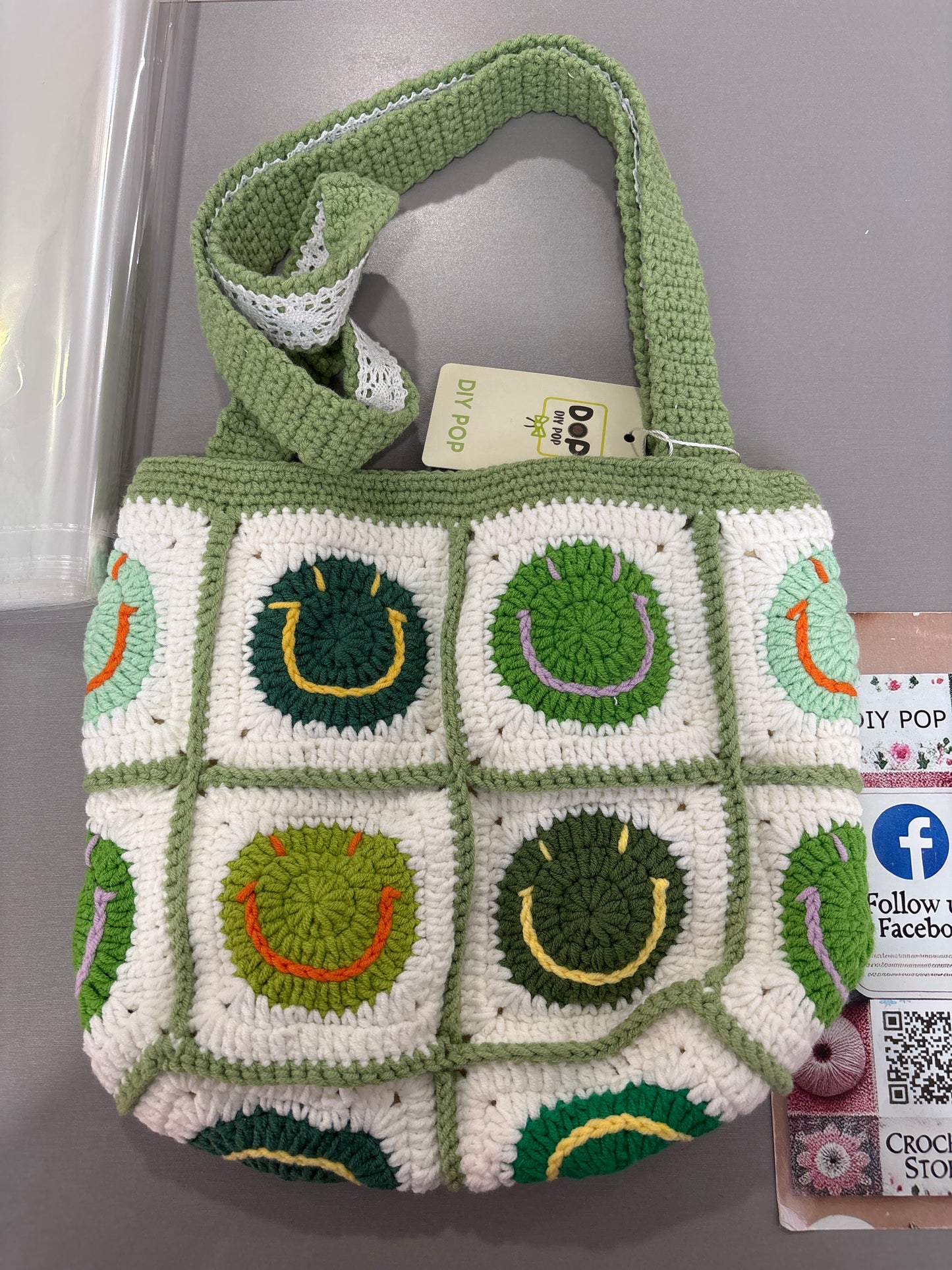 handmade crochet smile face bag