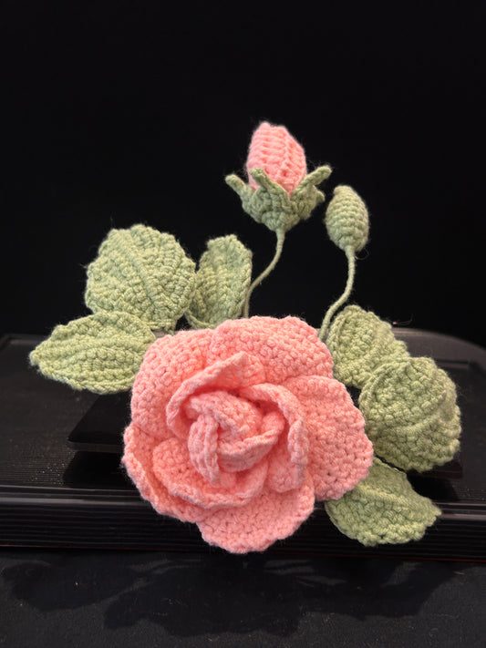 Handmade Crochet Car Bouquets —— Rose with bud