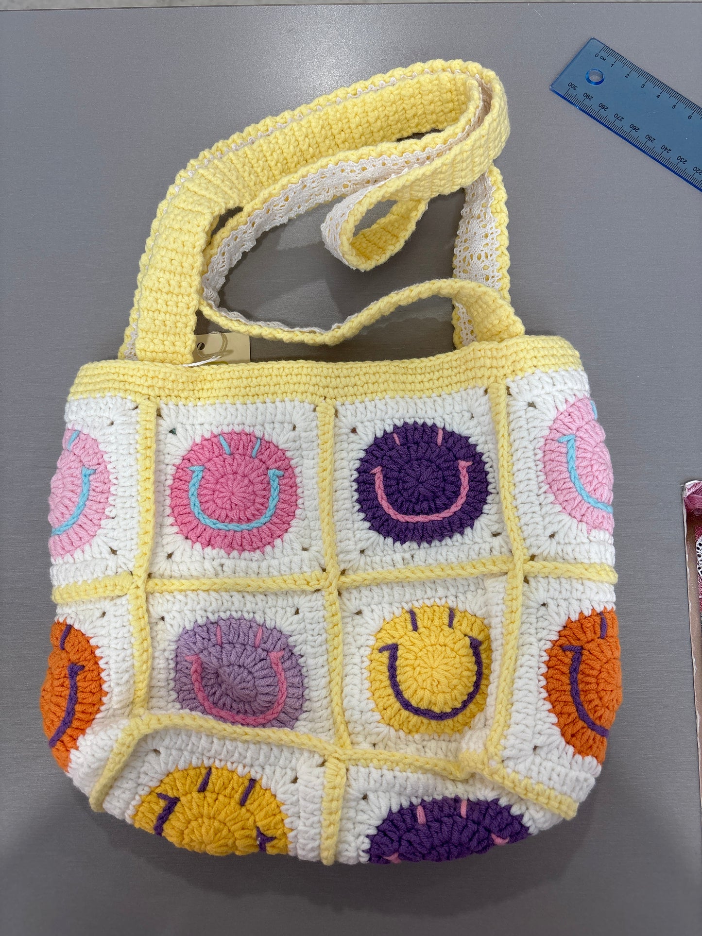 handmade crochet smile face bag